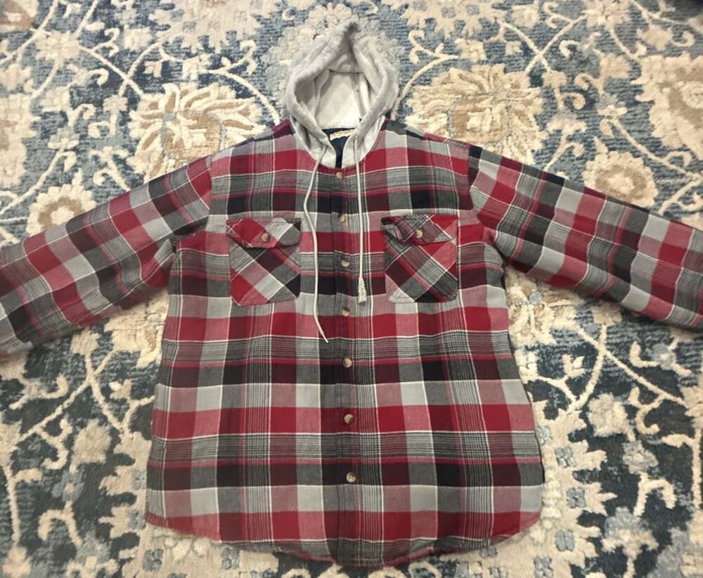 Wrangler Authentics Quilted Lined Hooded Flannel Shirt Jacket Size L Red